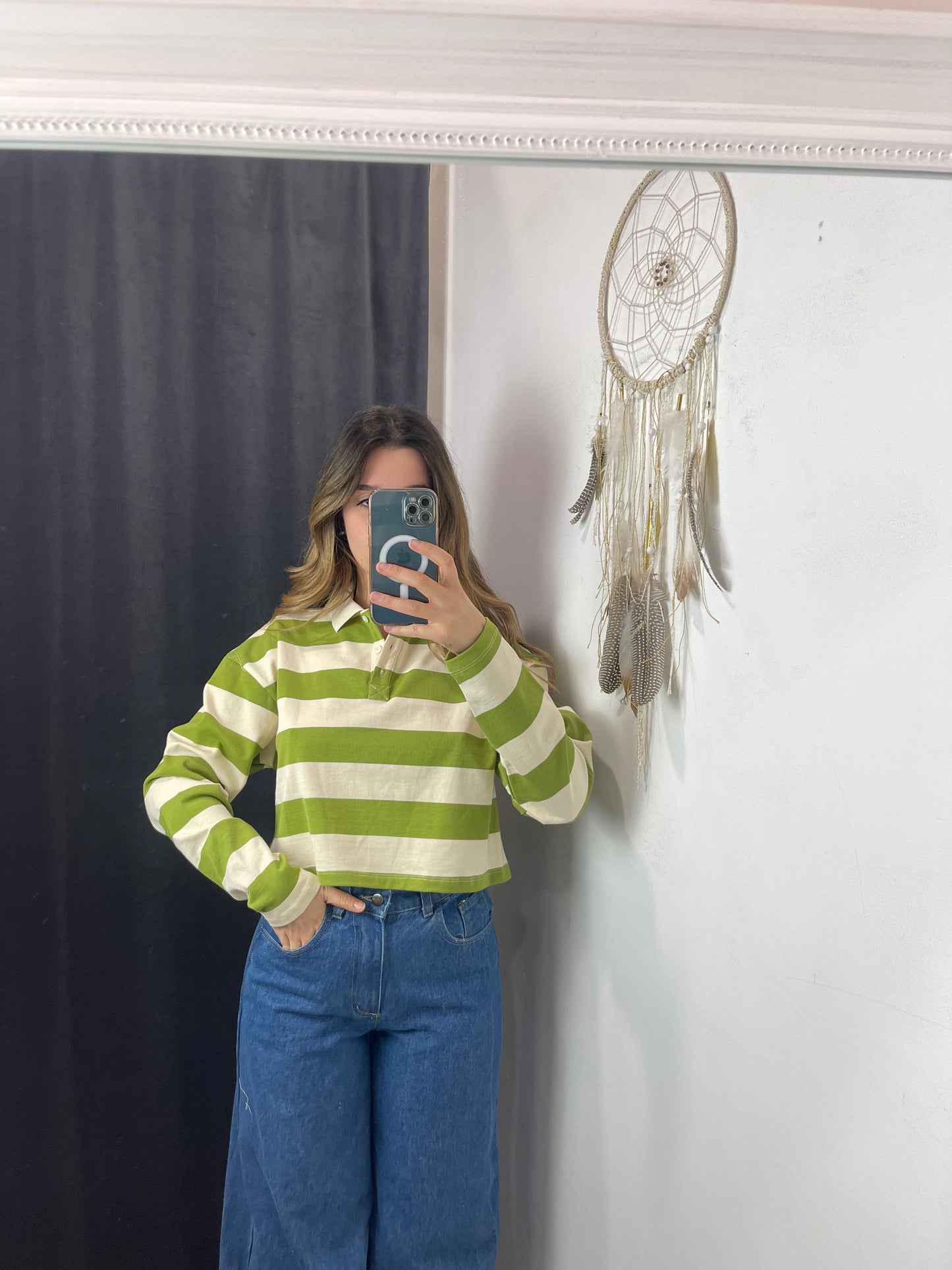 Polo crop righe verde e panna