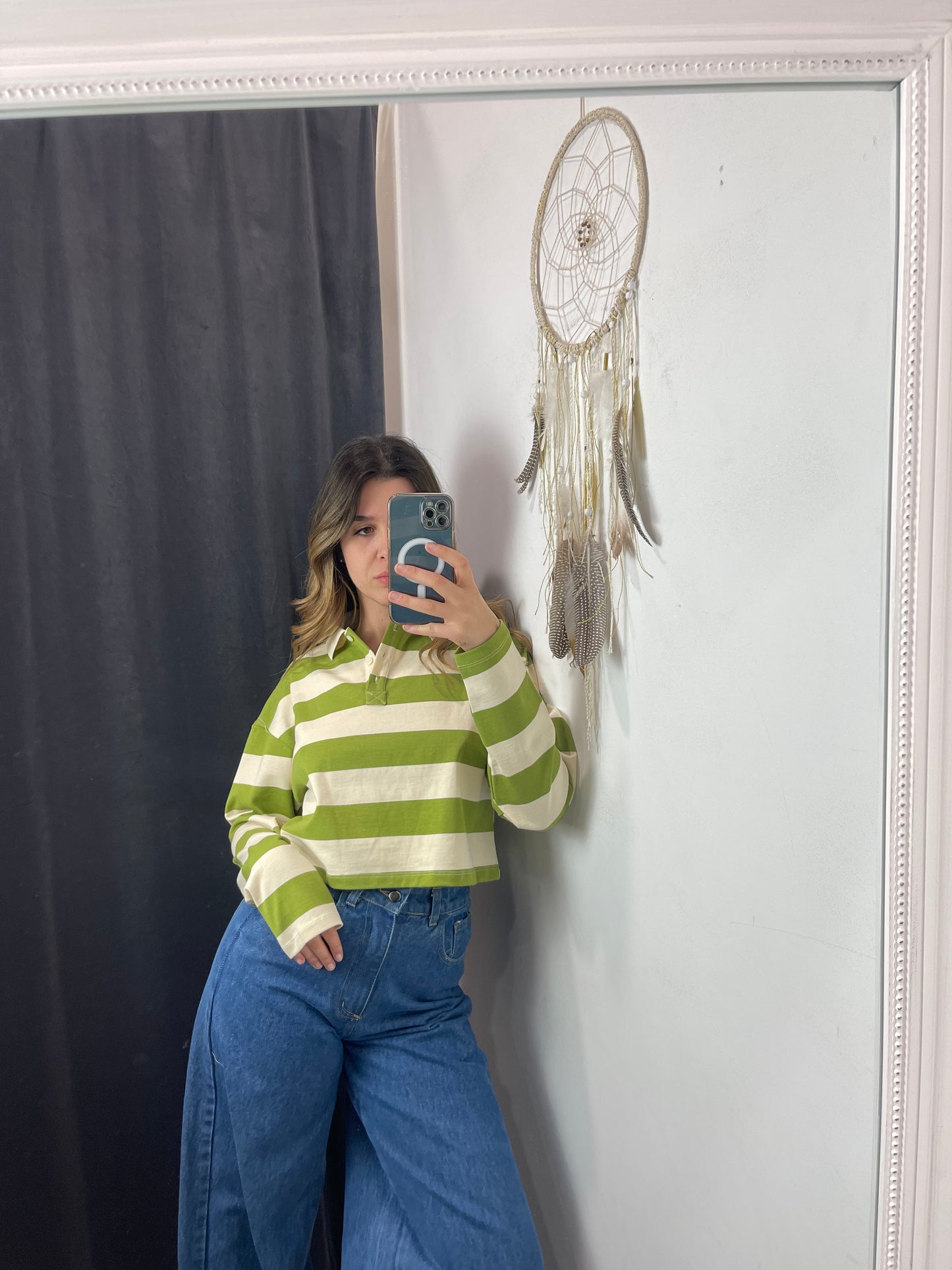 Polo crop righe verde e panna